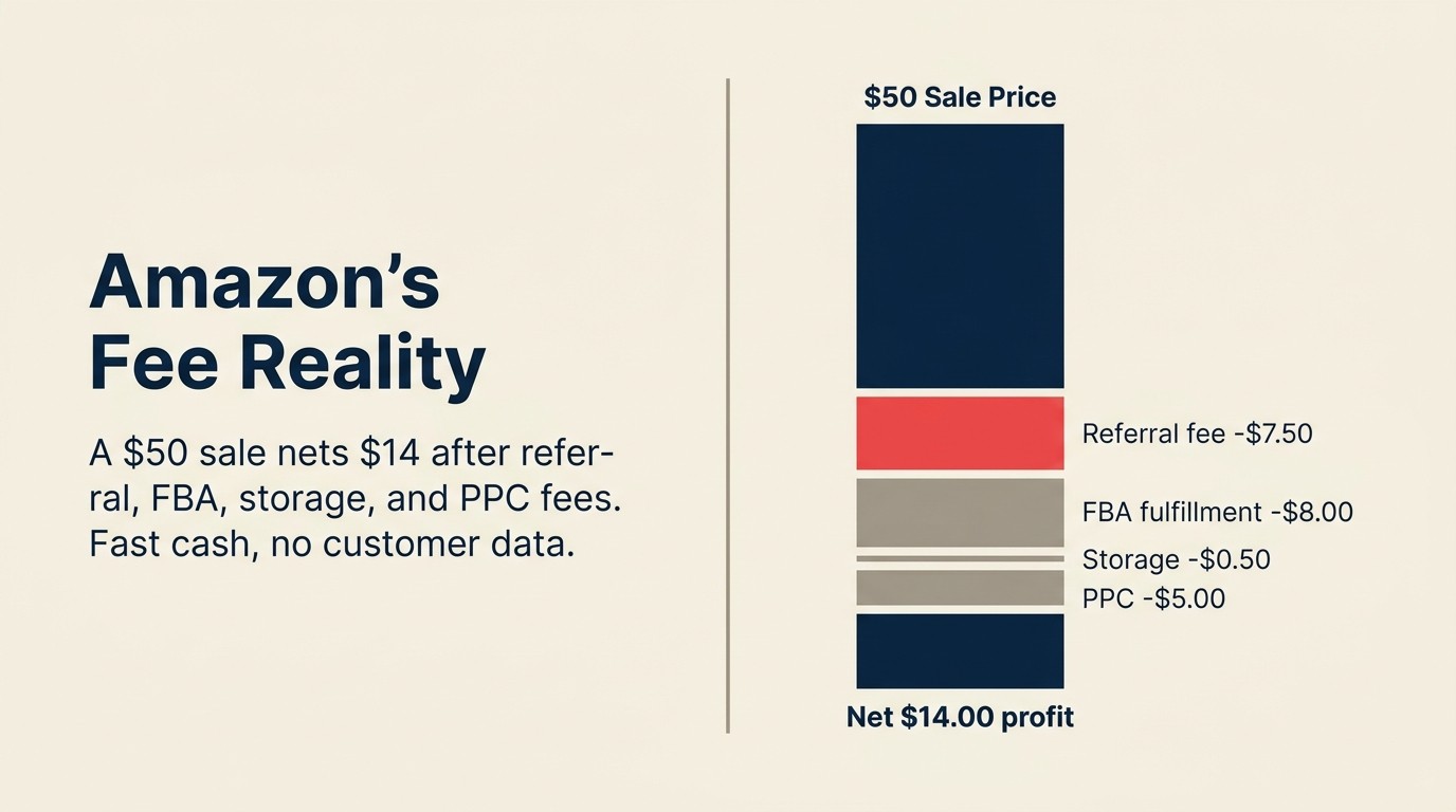Amazon marketplace economics with referral fees, FBA costs, and near-zero customer acquisition