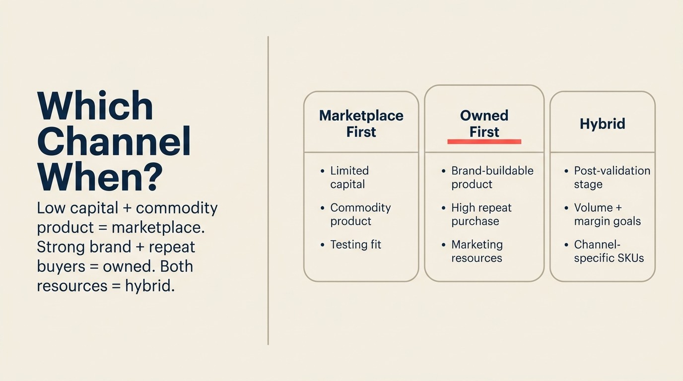 Decision tree for choosing marketplace-first, owned-first, or hybrid strategy based on capital, repeat rate, and brand fit