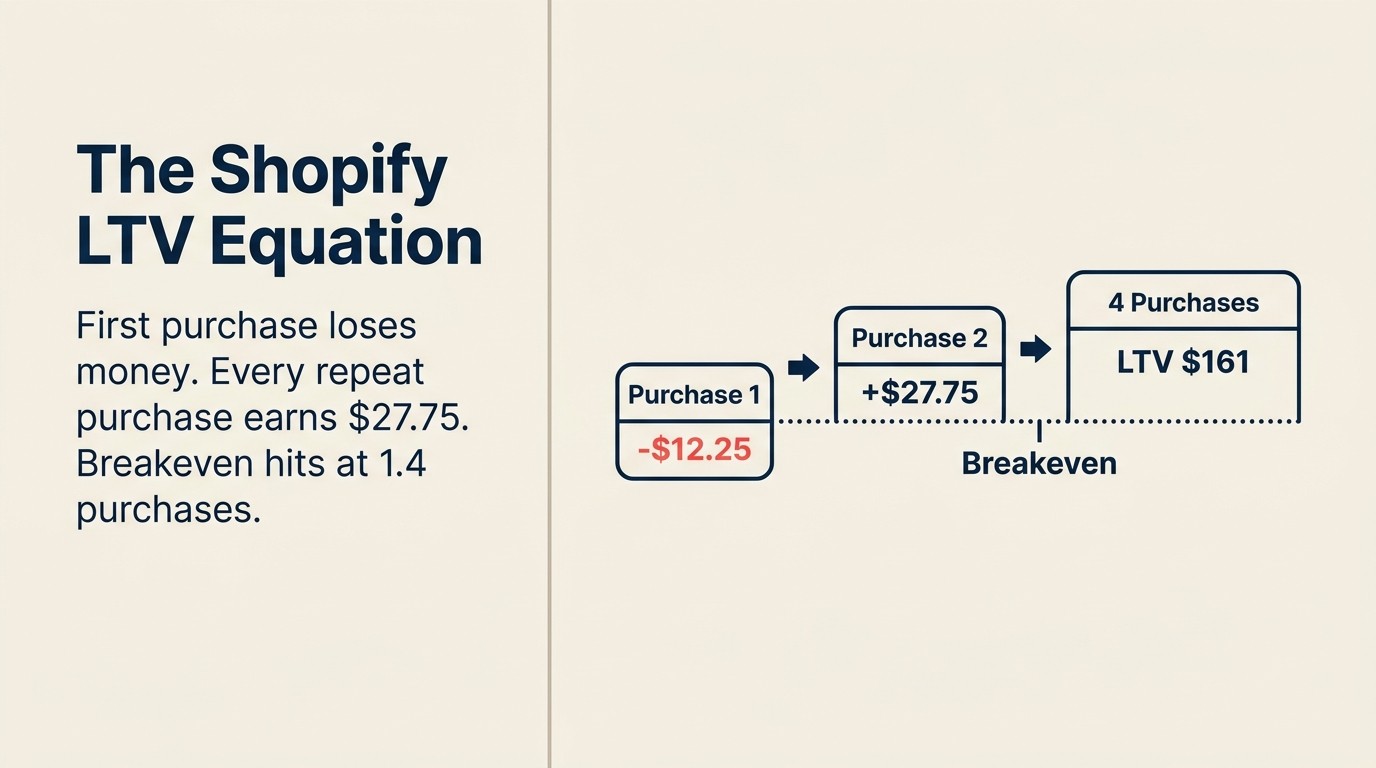 Shopify store economics showing high margins, customer data ownership, and lifetime value accrual