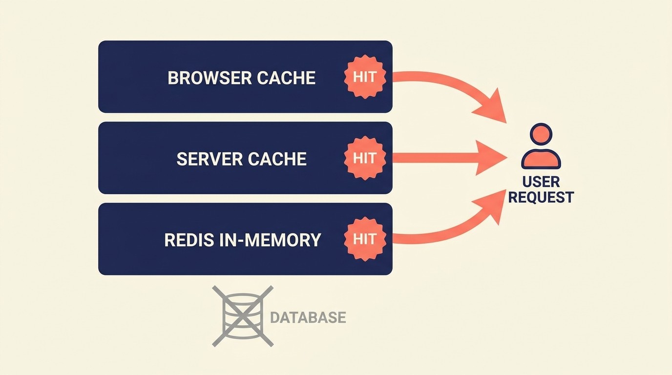 Layered caching architecture showing browser cache, server-side caching, Redis in-memory layer, and database backend