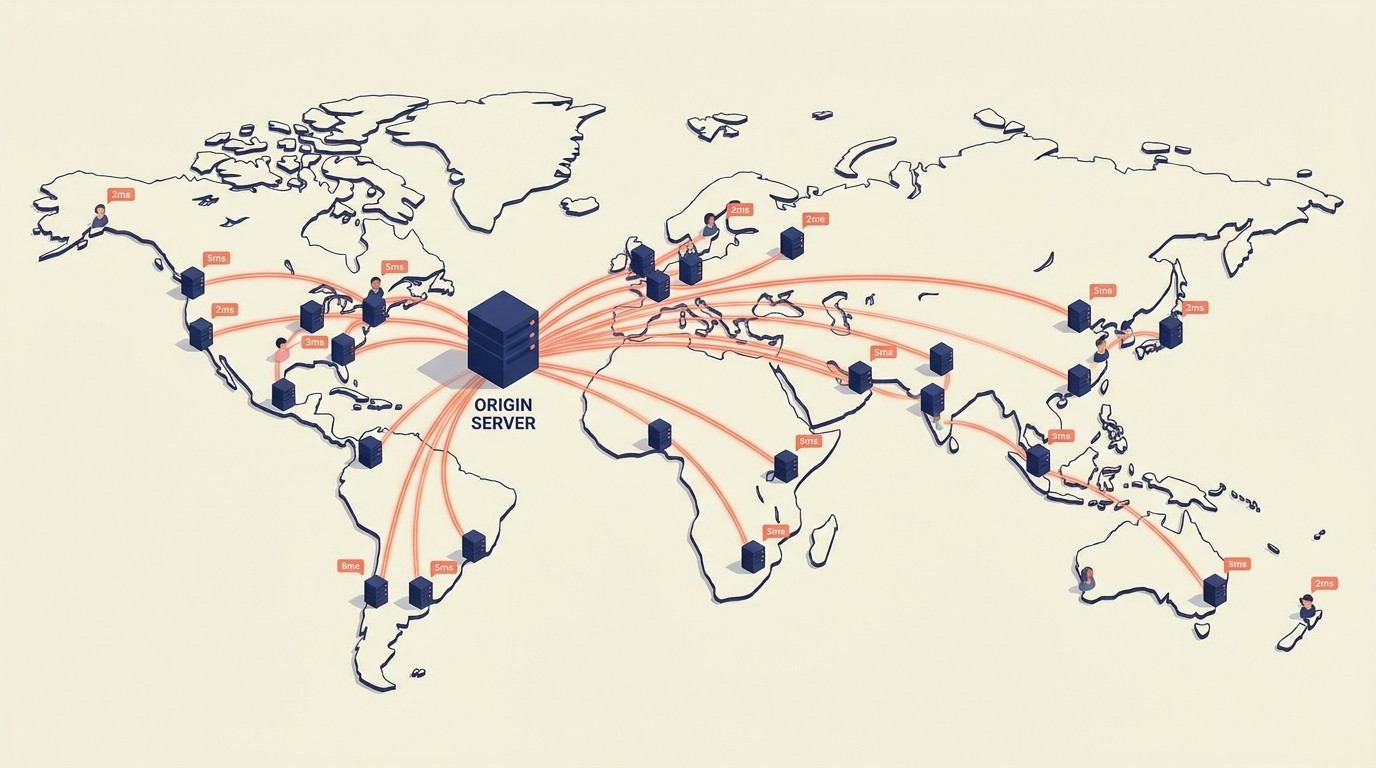 Global CDN edge server map delivering cached e-commerce content to customers from nearby regions for low latency