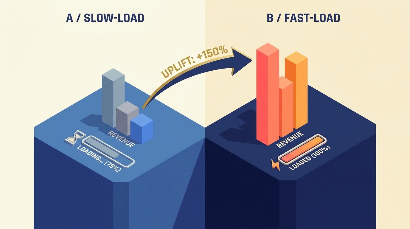 A/B test results chart linking site speed improvements to conversion rate lift, revenue per visitor, and ROI calculations