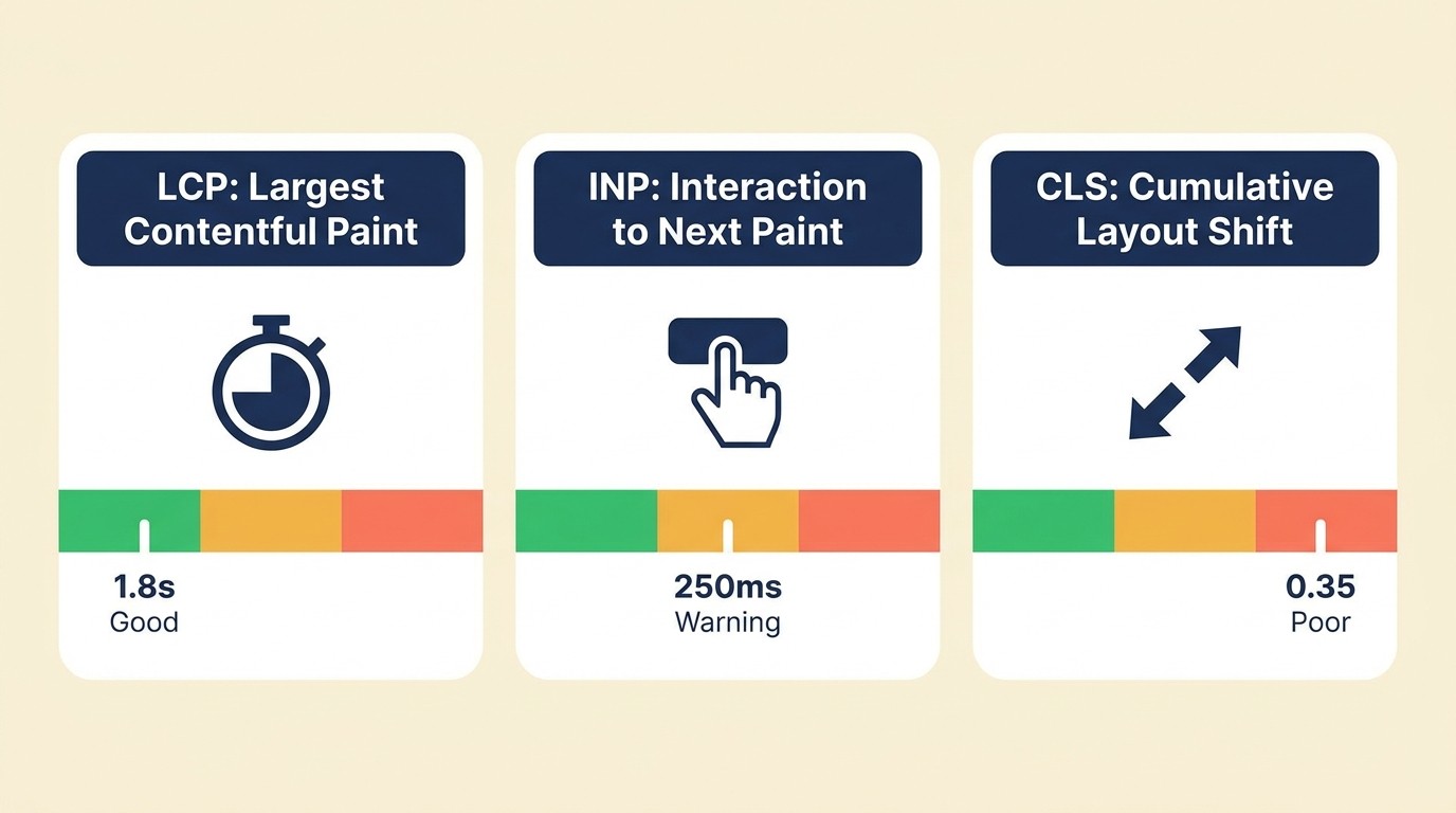 Diagram of Google Core Web Vitals showing LCP loading, INP interactivity, and CLS visual stability thresholds