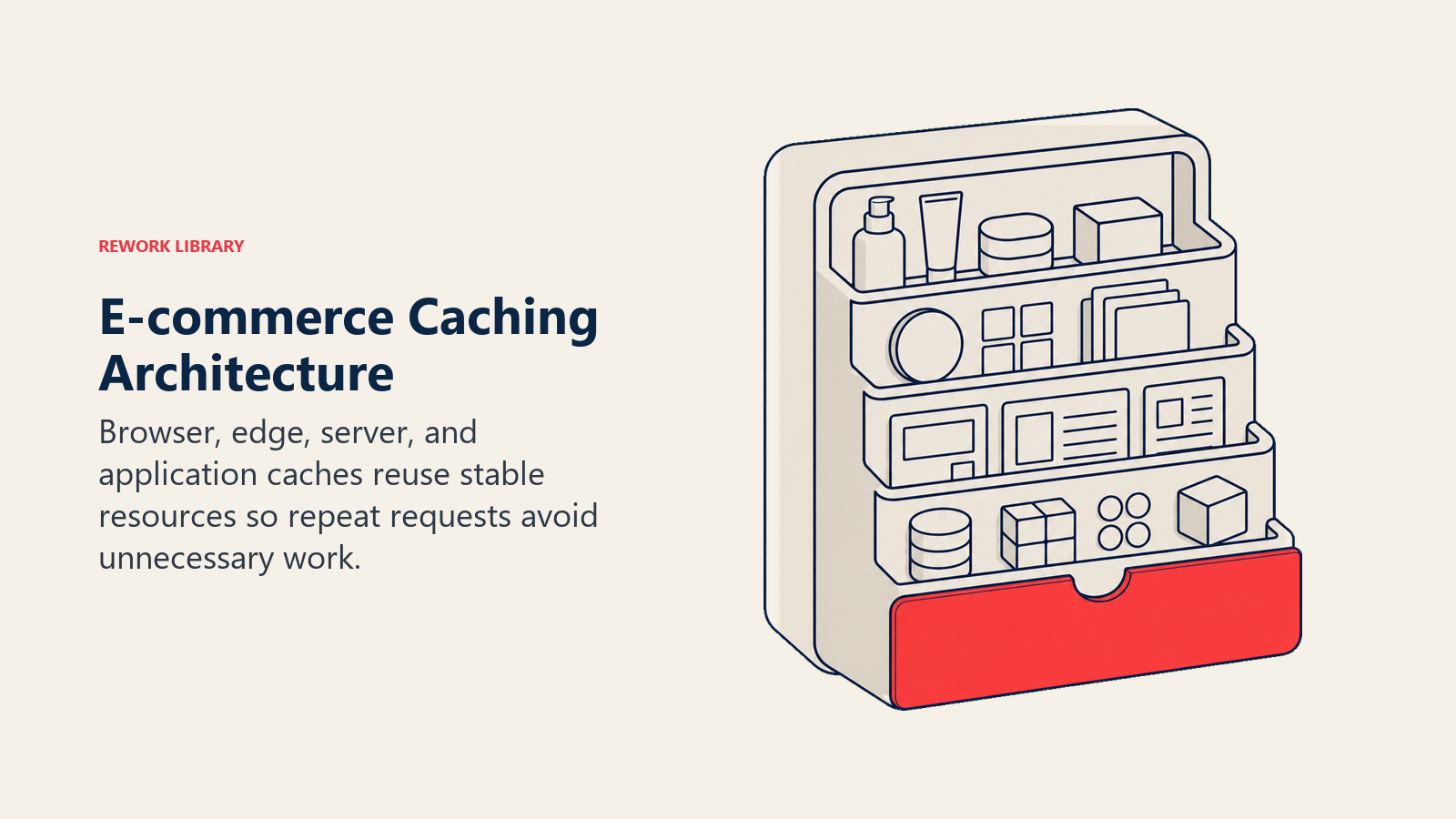 E-commerce Caching Architecture: four nested cache shelves holding reusable product, style, page, and data objects, with a coral fast-access drawer at the front