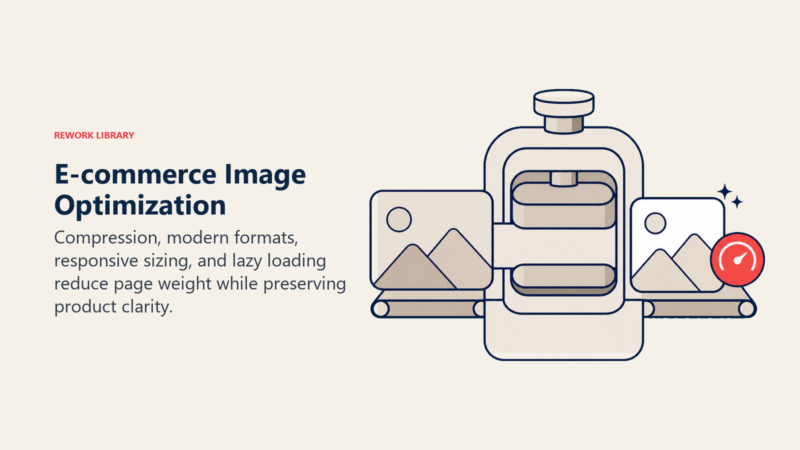E-commerce Image Optimization: a large product image tile passing through a rounded compression press and emerging lighter and crisp, with a coral efficiency chip