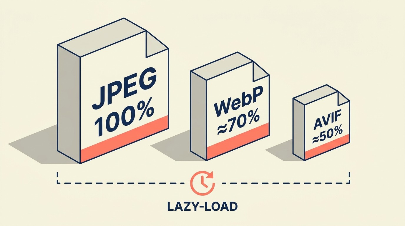 Image optimization workflow showing compression, modern formats like WebP and AVIF, lazy loading, and responsive sizing techniques