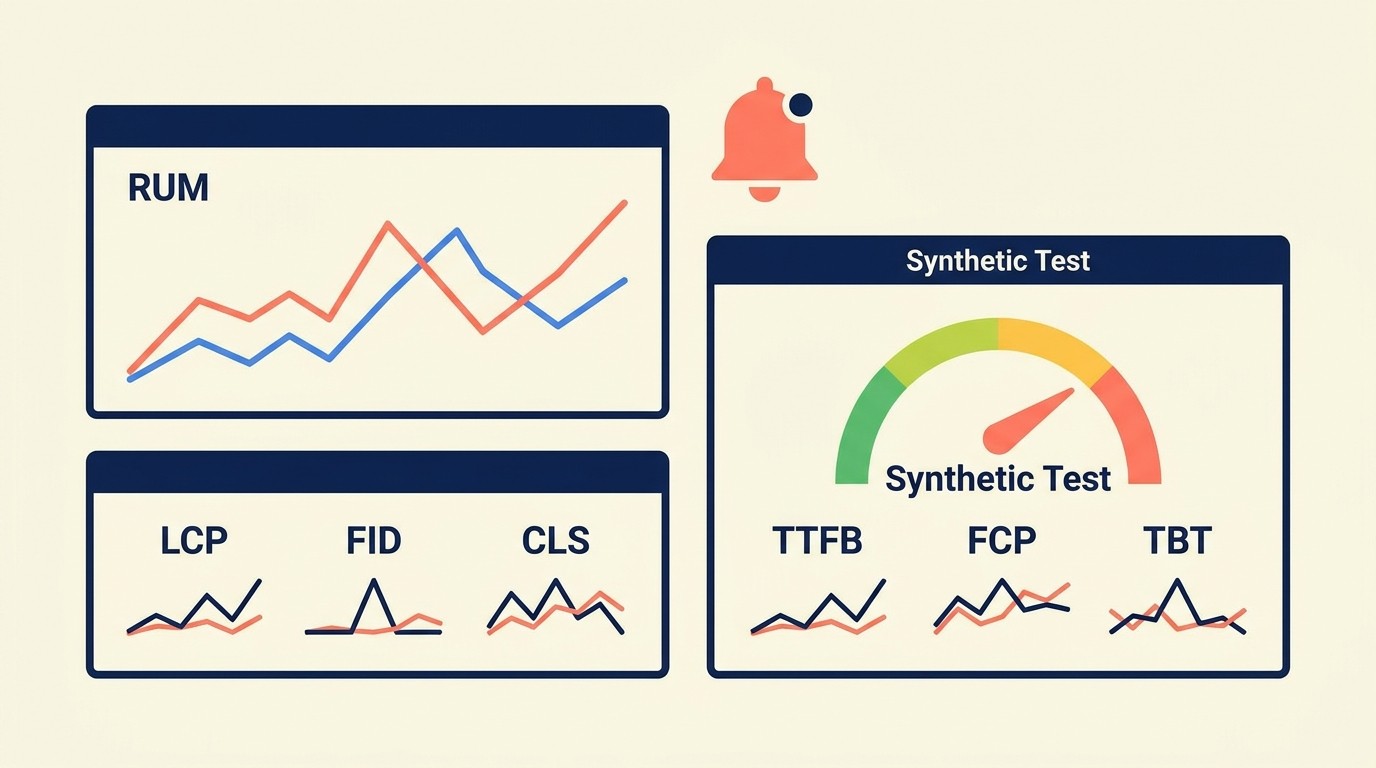 Performance monitoring dashboard tracking Core Web Vitals trends, real user monitoring data, and synthetic test results over time