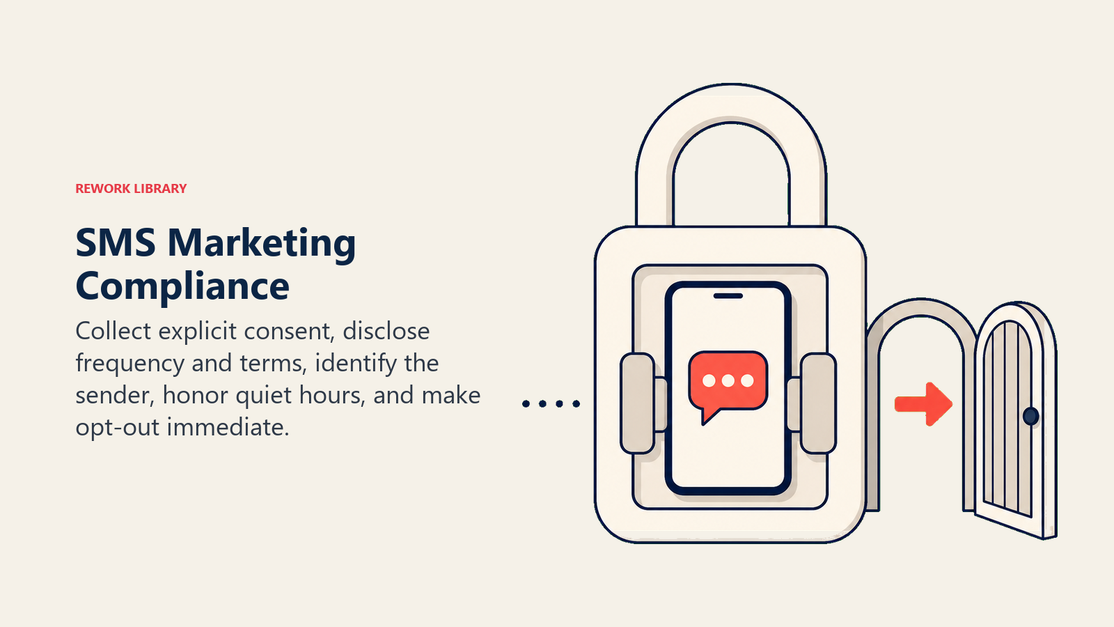 SMS Marketing Compliance illustrated by a consent lock protecting a mobile message token with an opt-in key and a clear exit gate