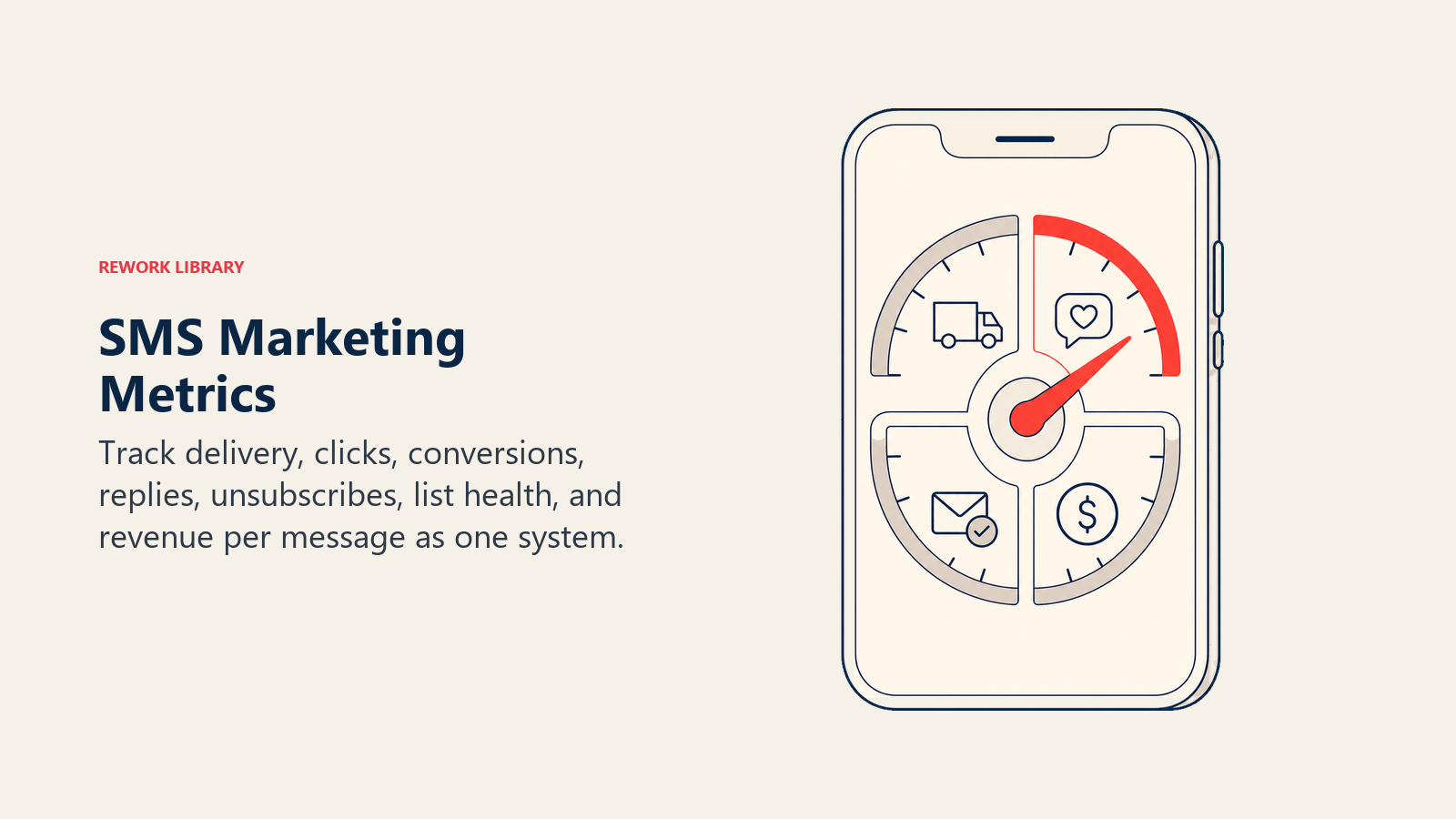 SMS Marketing Metrics illustrated by a mobile performance gauge with delivery, engagement, list-health, and revenue arcs