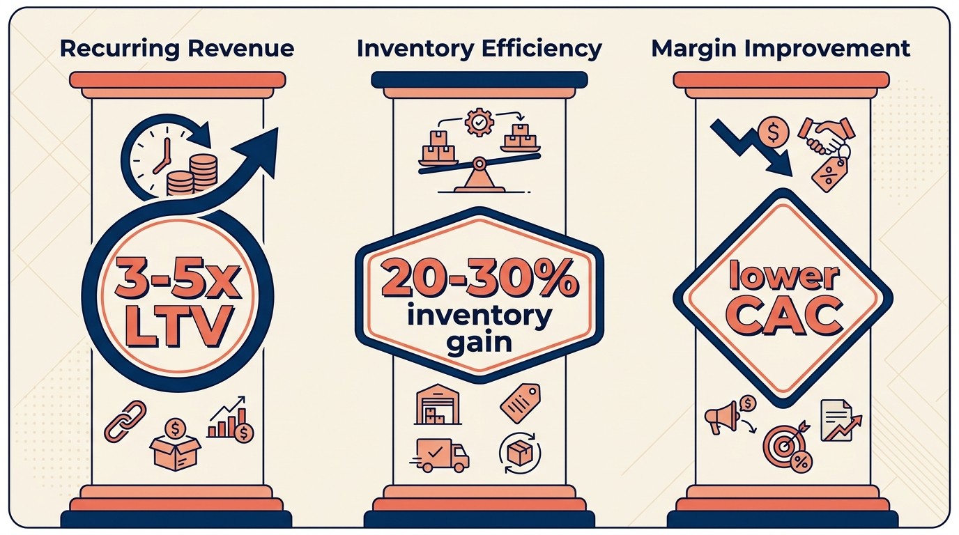 Three business advantages of subscribe and save programs: recurring revenue predictability, inventory planning efficiency, and margin improvement
