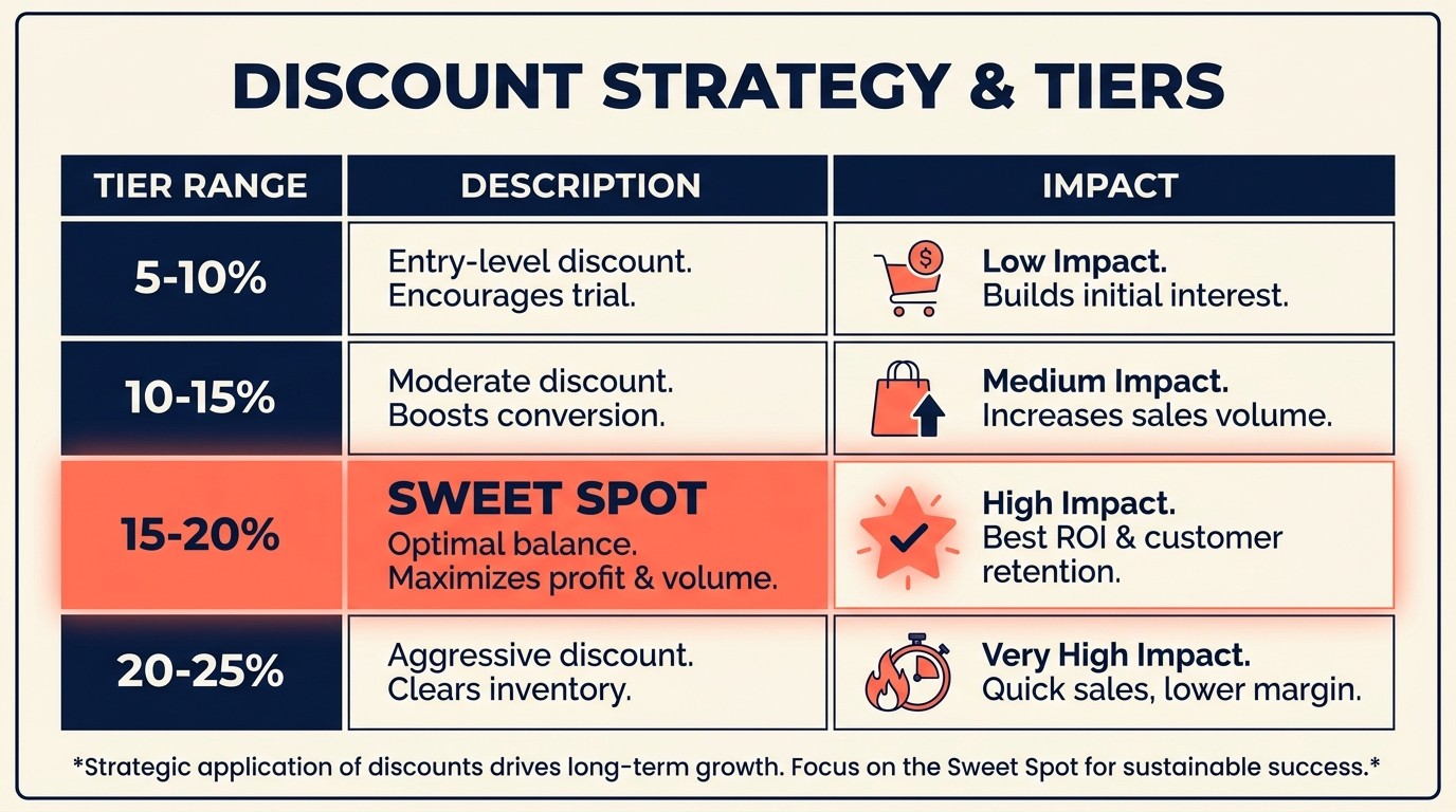 Discount tier comparison showing 5-25 percent ranges with customer psychology and margin impact tradeoffs
