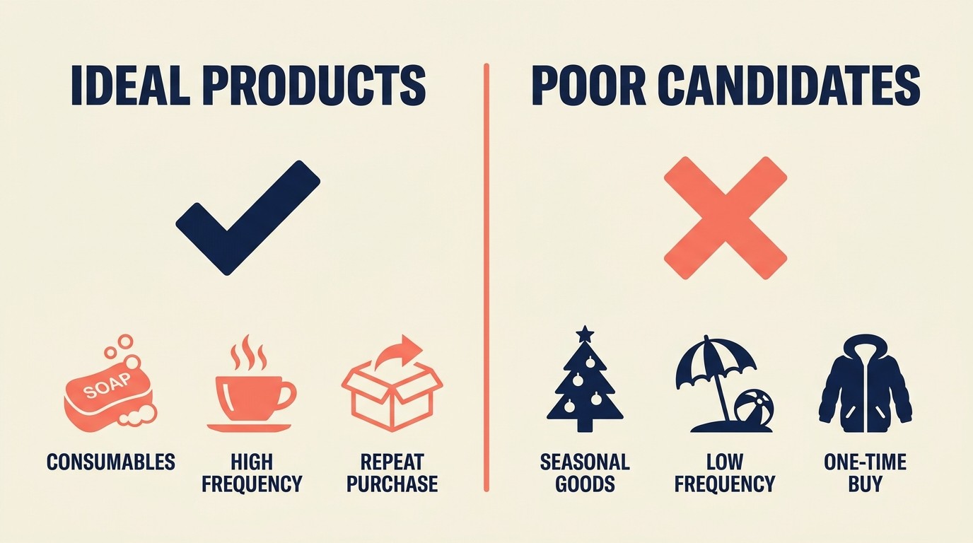 Ideal subscription product characteristics showing consumable replenishable items with predictable consumption rates and bundle strategies