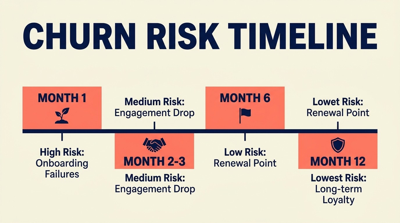 Churn analysis framework diagram mapping timing patterns, root causes, and cohort trends into retention actions