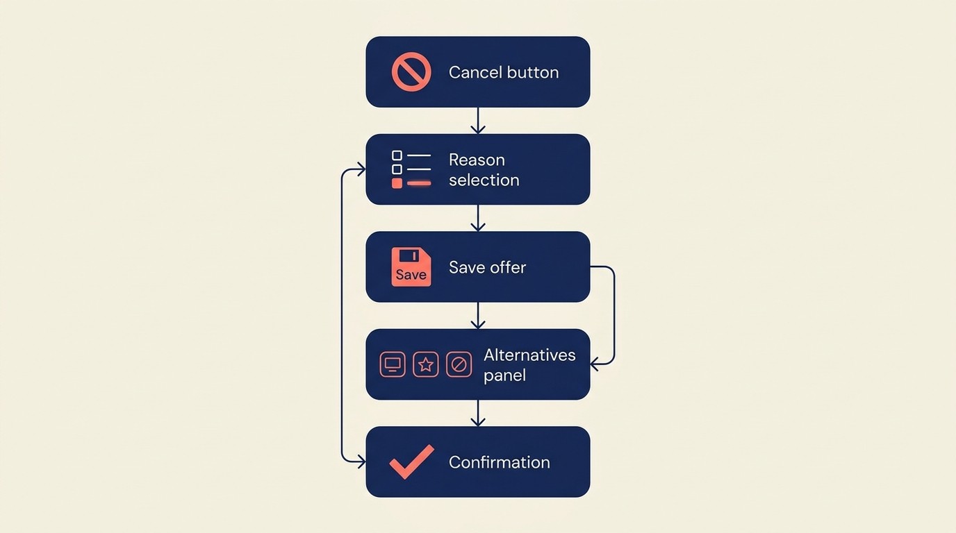 Optimized cancellation flow showing reason capture, relevant save offers, pause alternatives, and final confirmation steps