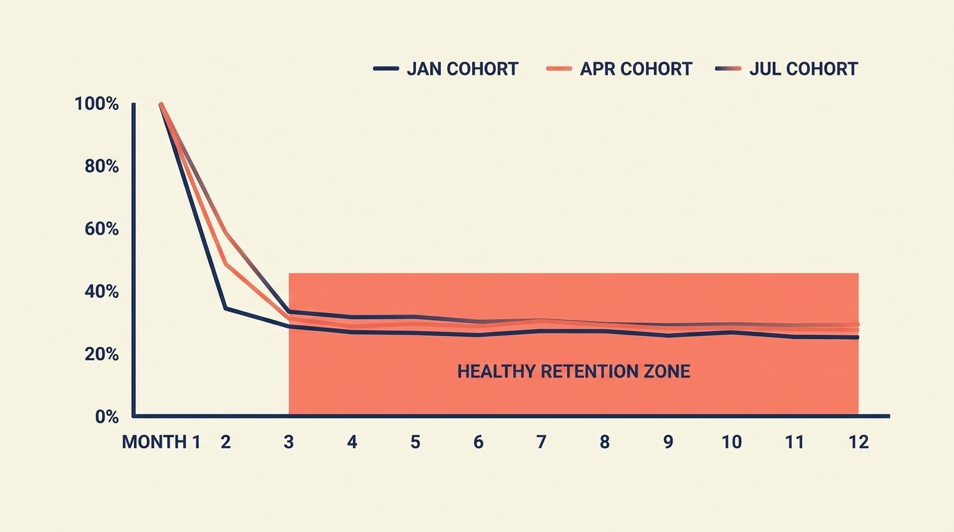 Cohort retention curve chart comparing subscriber groups by acquisition month across 12-month lifespans