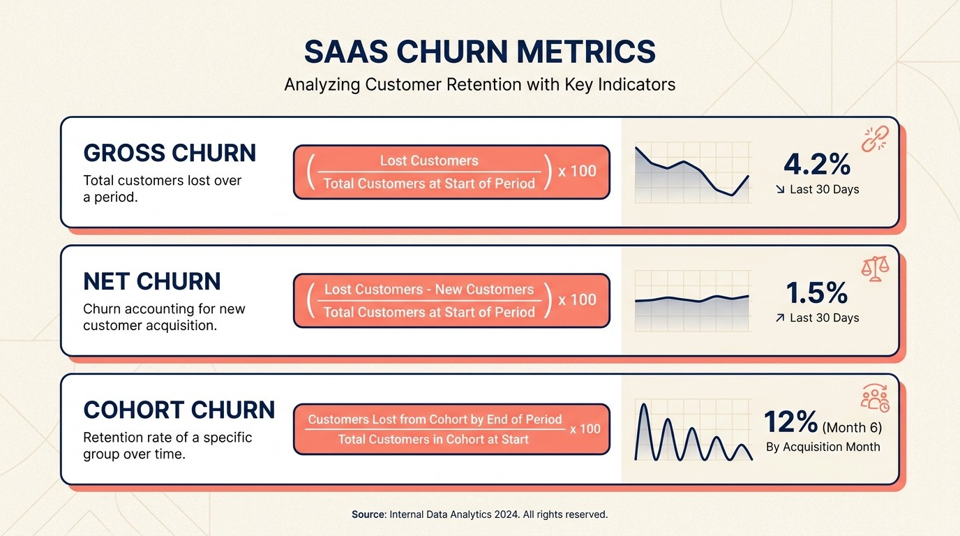 Dashboard showing gross churn, net churn, and cohort churn metrics side by side for subscription businesses
