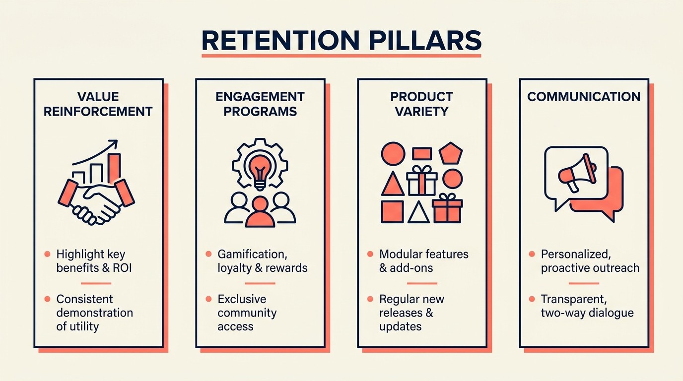 Proactive retention tactics grid featuring value reinforcement, loyalty rewards, product variety, and engagement cadence