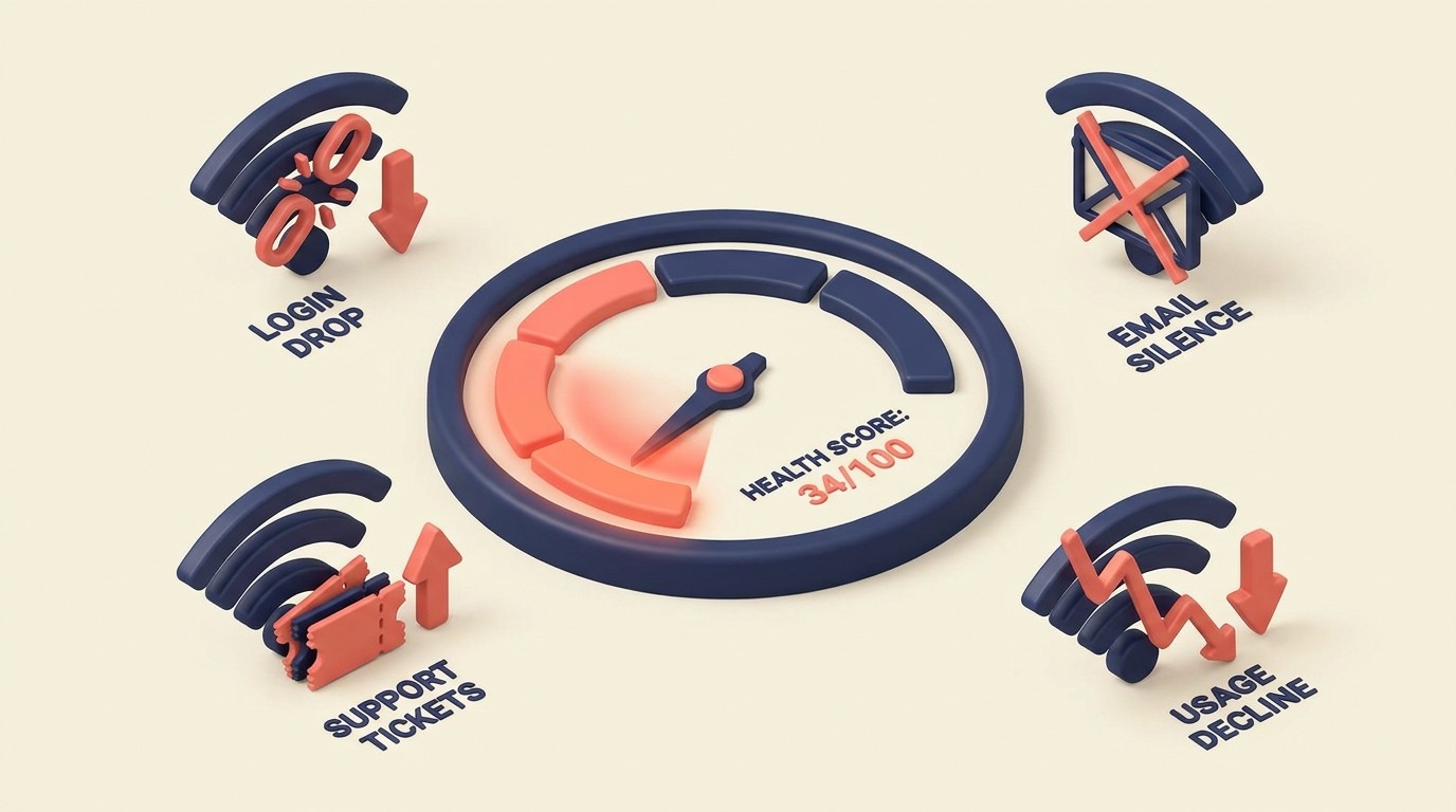 Health score dashboard flagging at-risk subscribers with declining engagement signals and usage drop indicators