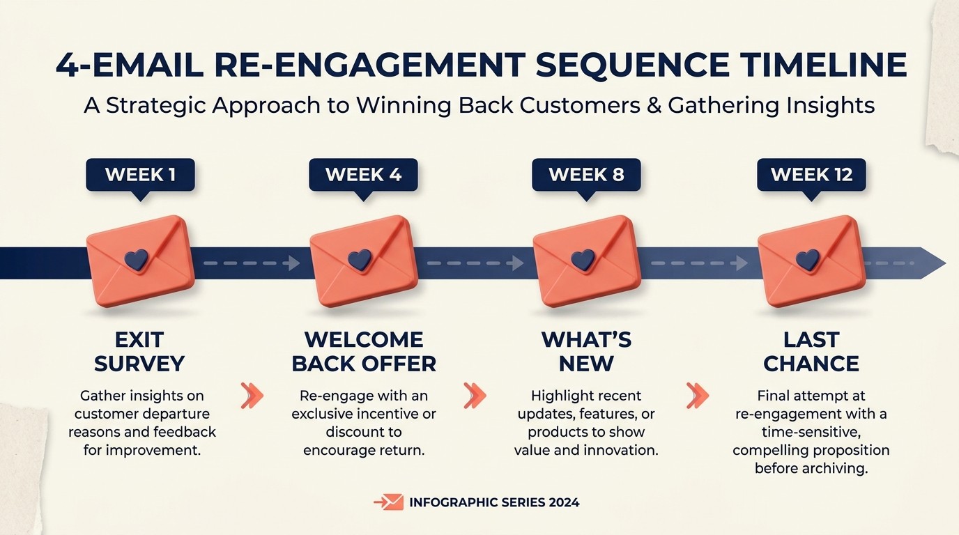 Win-back email sequence timeline targeting churned subscribers with segmented offers at 7, 30, 60, and 90 days