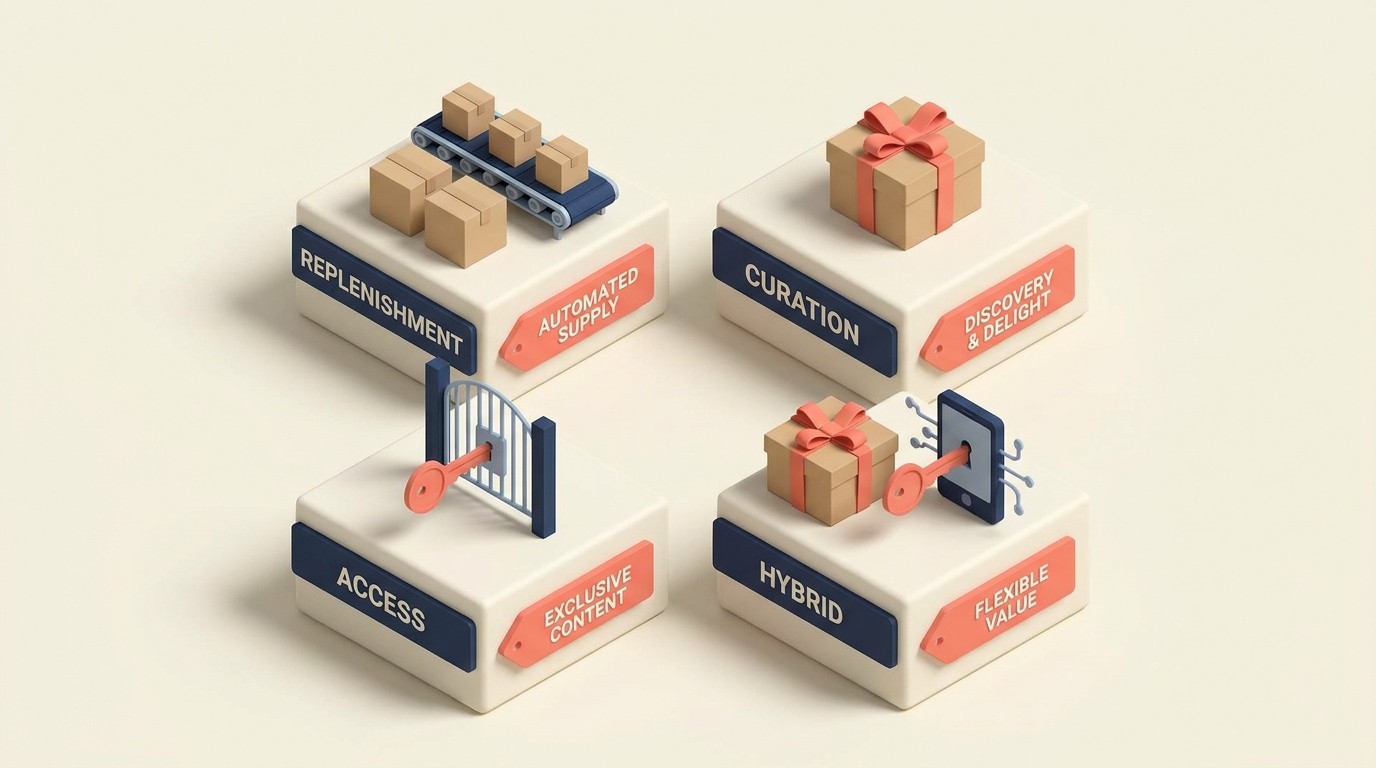 Four core subscription model types: replenishment, curation, access, and hybrid