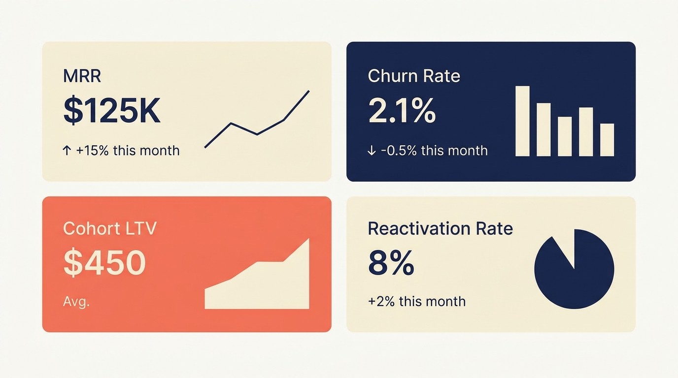 Subscription metrics dashboard covering MRR, churn by cohort, LTV, conversion, and reactivation rate