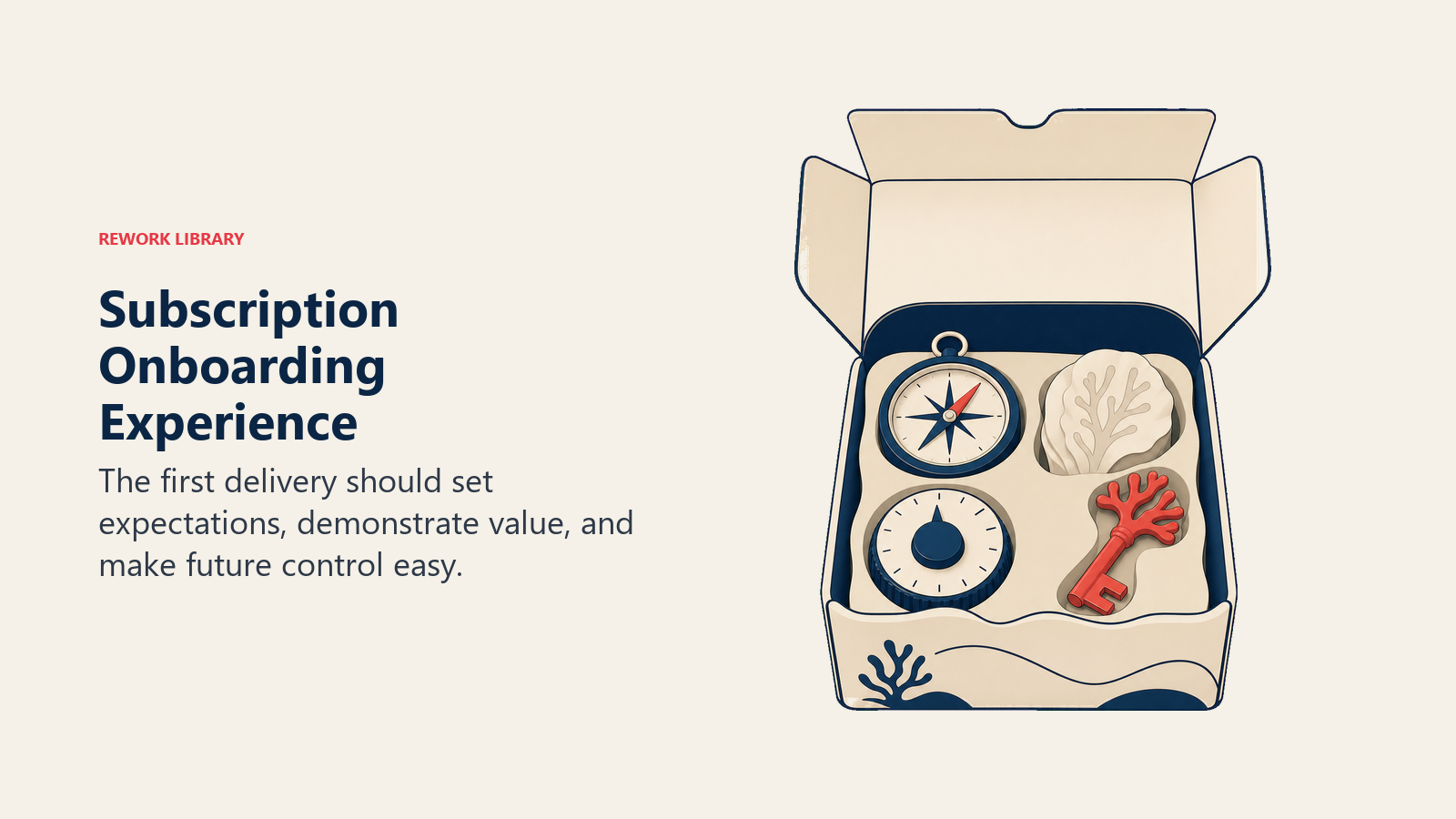 Subscription Onboarding Experience illustrated with an opening subscription box revealing a welcome compass, value sample, schedule dial, and coral control key