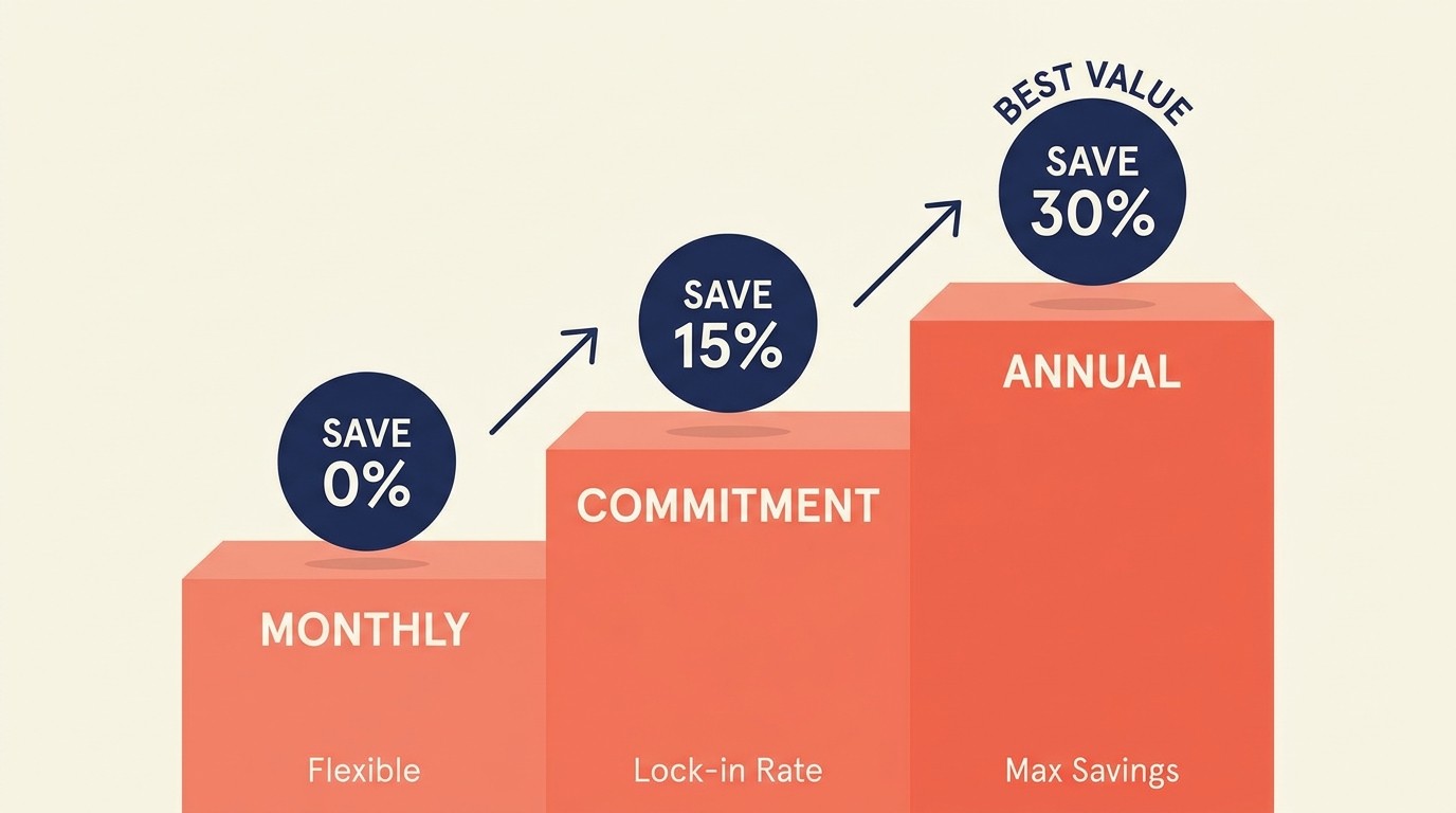 Tiered subscription pricing structure with discount ranges and frequency-based options