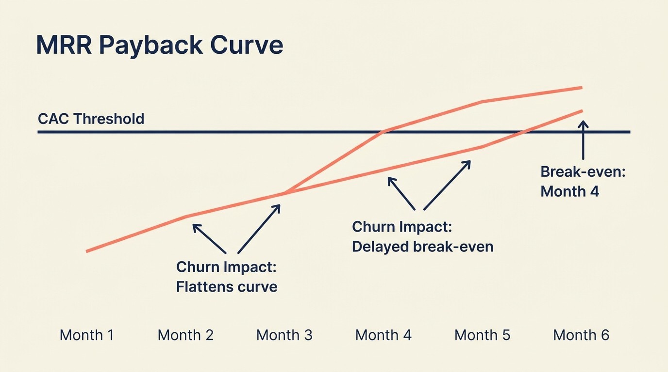 Subscription unit economics model showing margin, CAC payback, churn impact, and MRR per subscriber