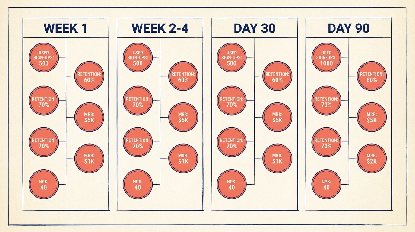 Dashboard of onboarding success metrics across week 1, week 2-4, 30-day and 90-day milestones