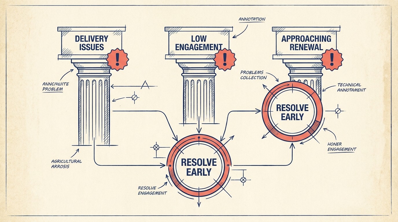 Proactive support workflow showing trigger signals for delivery issues, low engagement, and at-risk subscribers