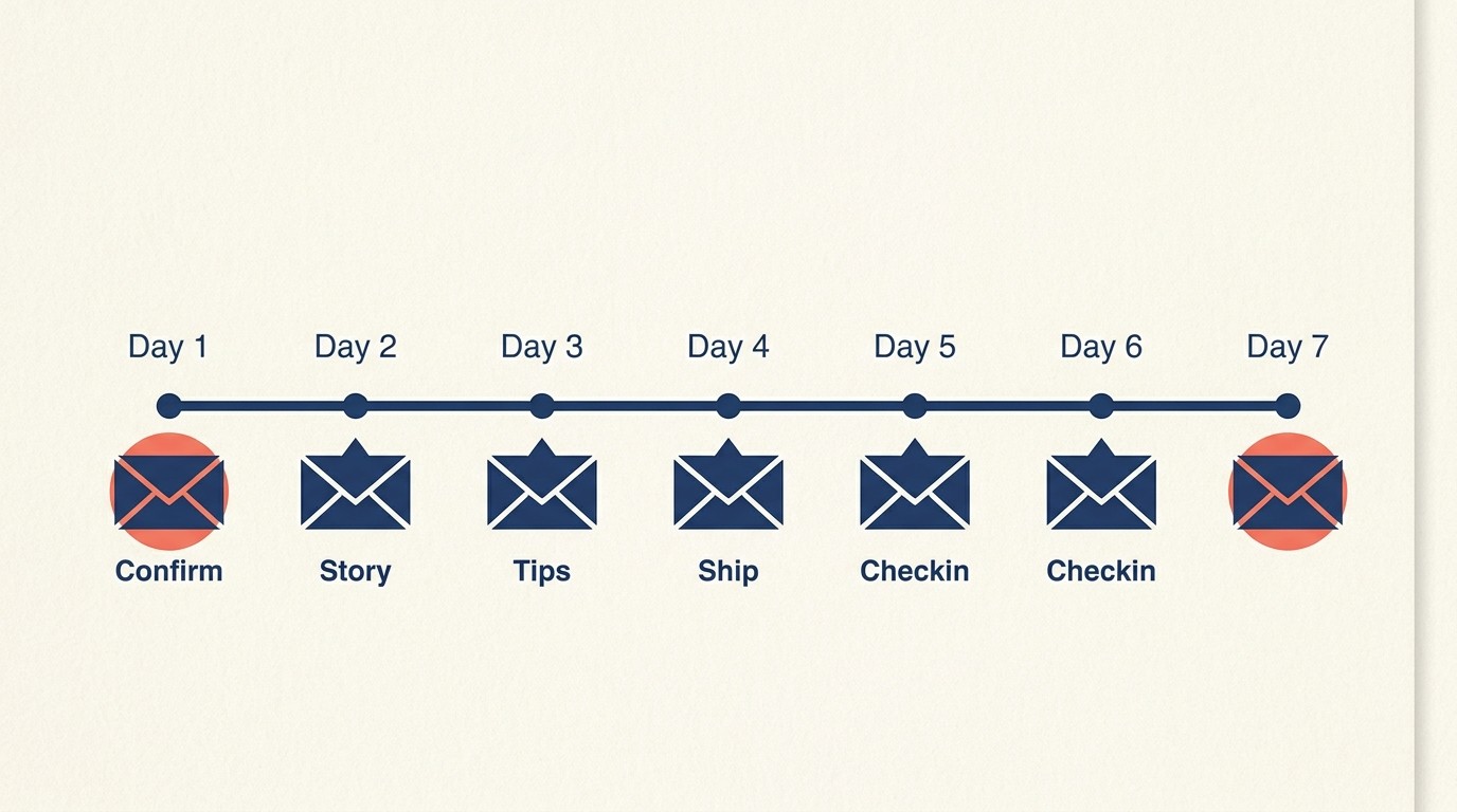Seven-day welcome email sequence timeline mapping touchpoints from order confirmation through first-week check-in
