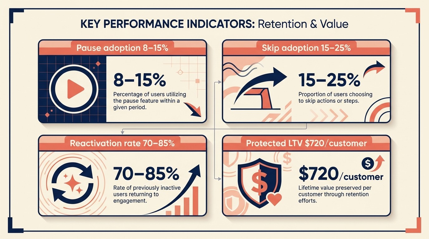 Analytics dashboard tracking pause adoption, reactivation rates, and protected revenue across customer segments