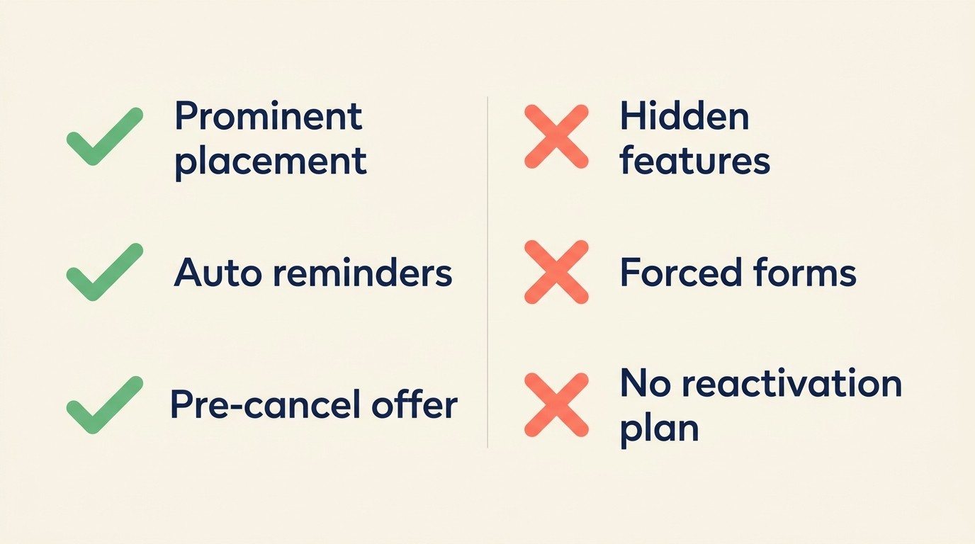 Two-column checklist contrasting what works with what fails in pause and skip program design