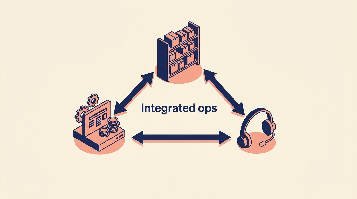 Operations flowchart connecting billing platform, inventory forecasting, and support team scripts for pause handling