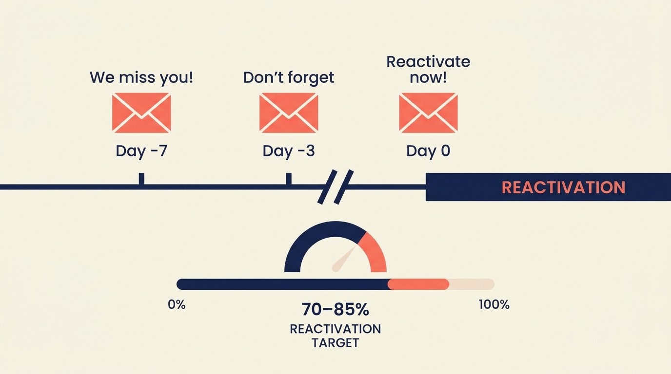 Reactivation email sequence timeline showing resume reminders and win-back incentives for paused subscribers