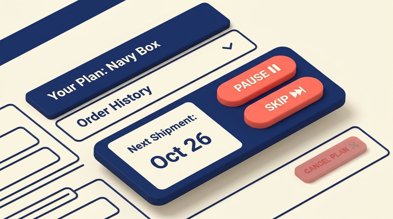 Account dashboard highlighting prominent pause and skip buttons alongside clear next shipment date