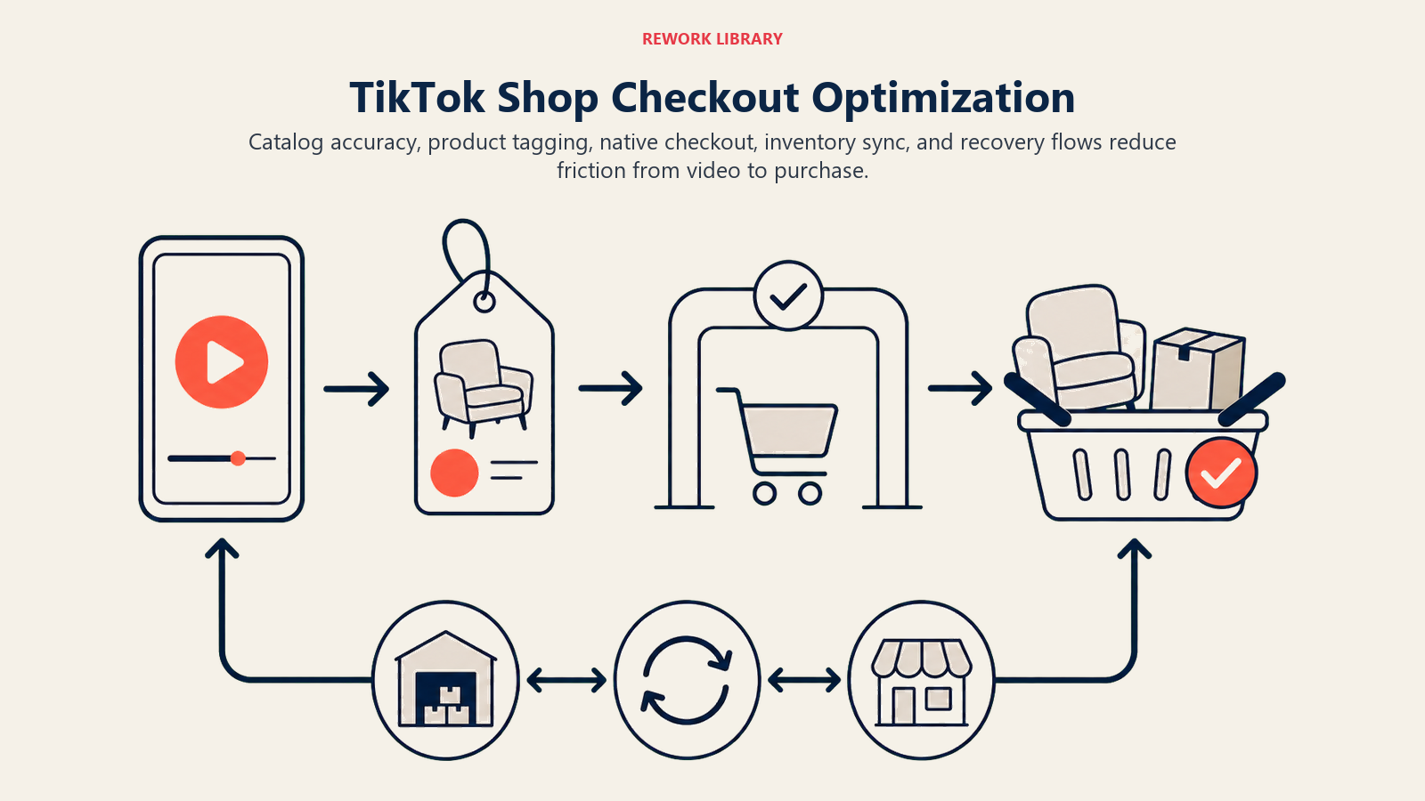 TikTok Shop Checkout Optimization, illustrated with video to checkout flow.