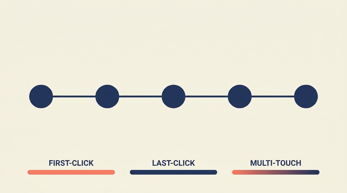Attribution models comparing first-click, last-click, and multi-touch credit across a customer journey