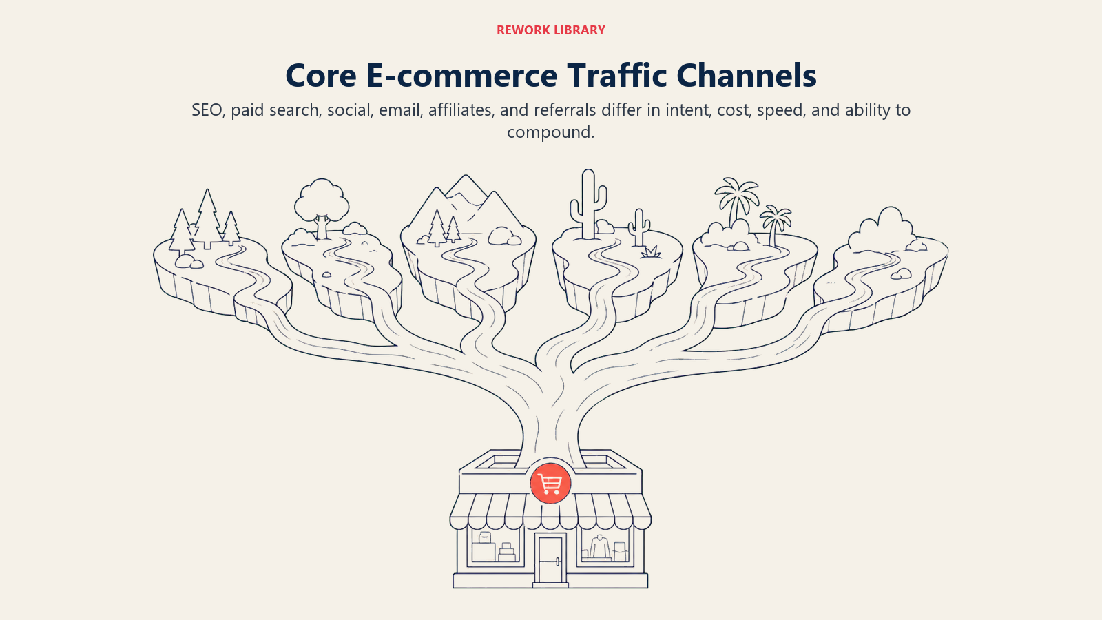 Core E-commerce Traffic Channels, illustrated as a wide sparse channel landscape with six distinct tributaries feeding one storefront basin, one coral high-intent stream