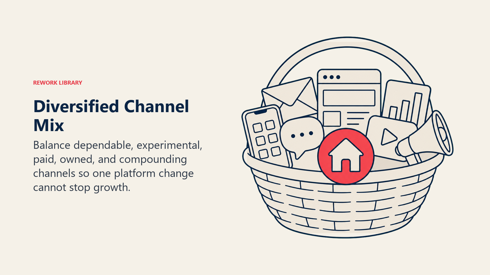 Diversified Channel Mix, illustrated as a diversified investment basket holding several channel assets with different shapes, anchored by one coral owned-channel token