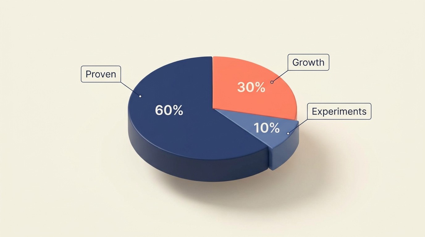 60-30-10 channel mix allocation showing proven performers, growth opportunities, and experimental budgets