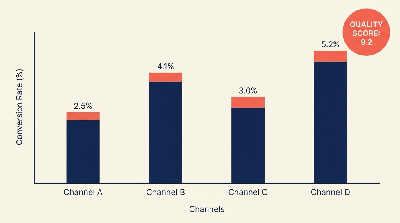 Traffic quality scorecard with bounce rate, conversion rate, revenue per visitor, and return customer rate by source