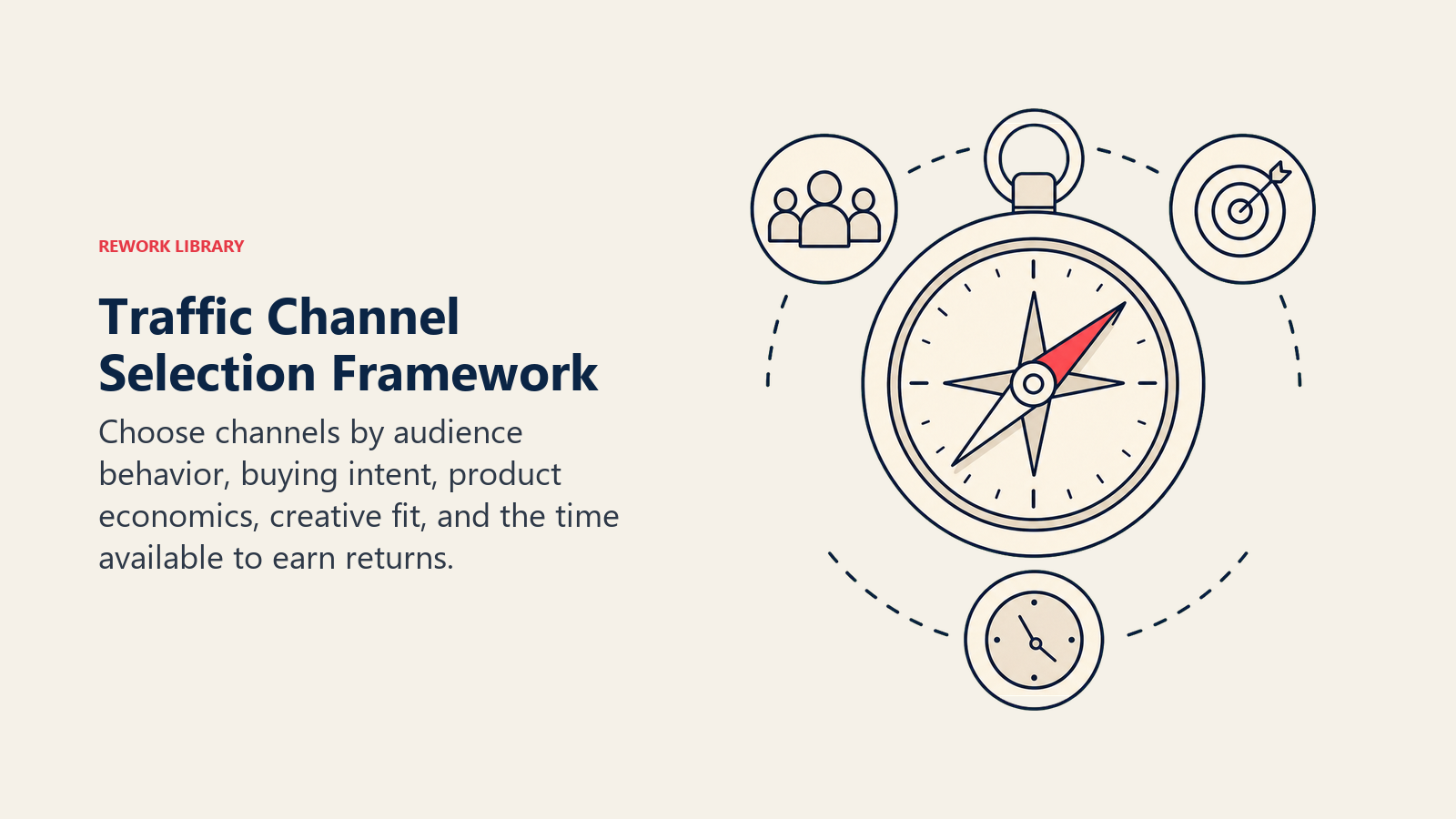 Traffic Channel Selection Framework, illustrated as a selection compass surrounded by sparse audience, intent, margin, creative, and time tokens, one coral chosen route