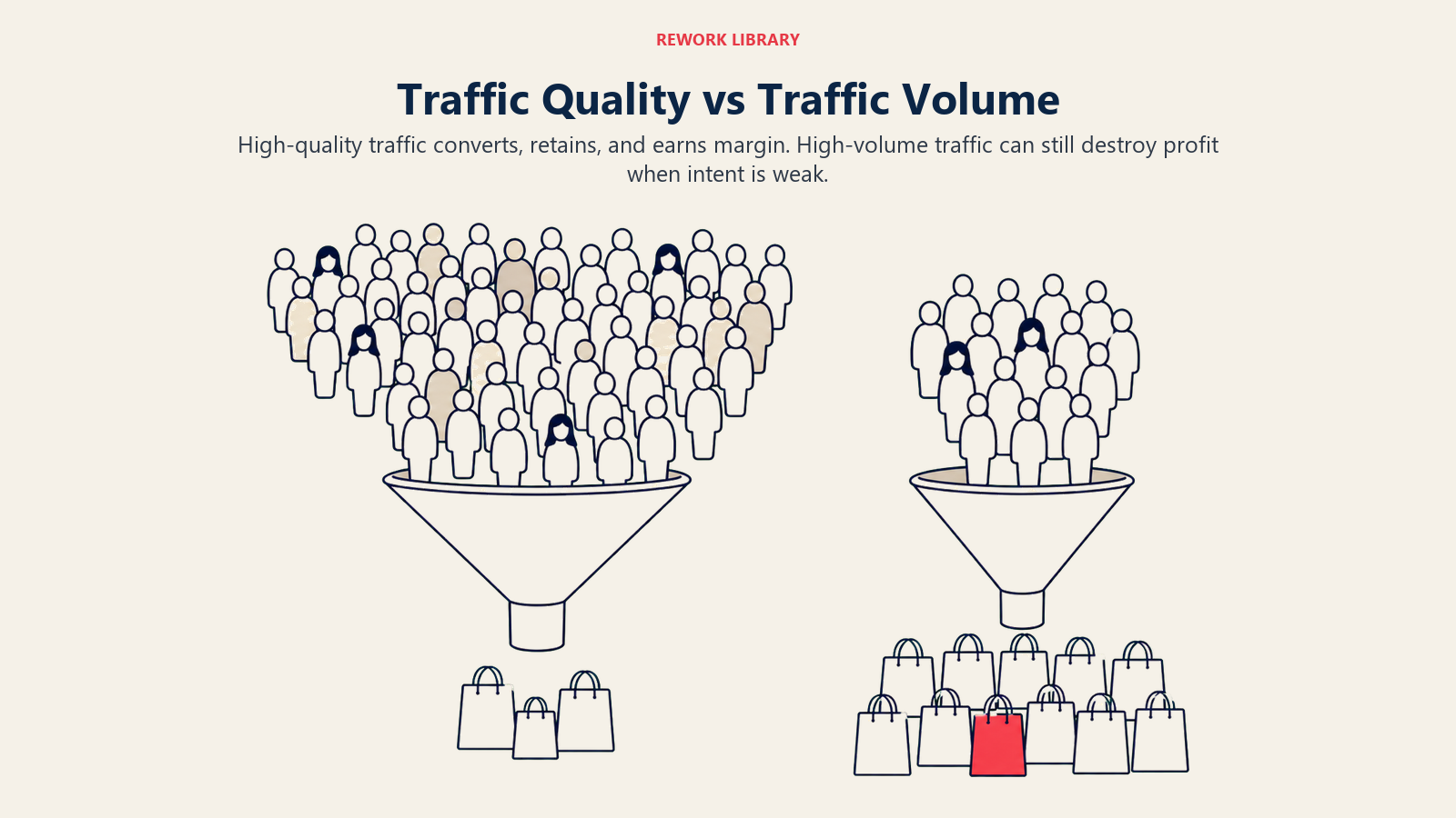 Traffic Quality vs Traffic Volume, illustrated as a wide direct comparison of a large noisy visitor stream with few buyers versus a smaller focused stream producing many buyers