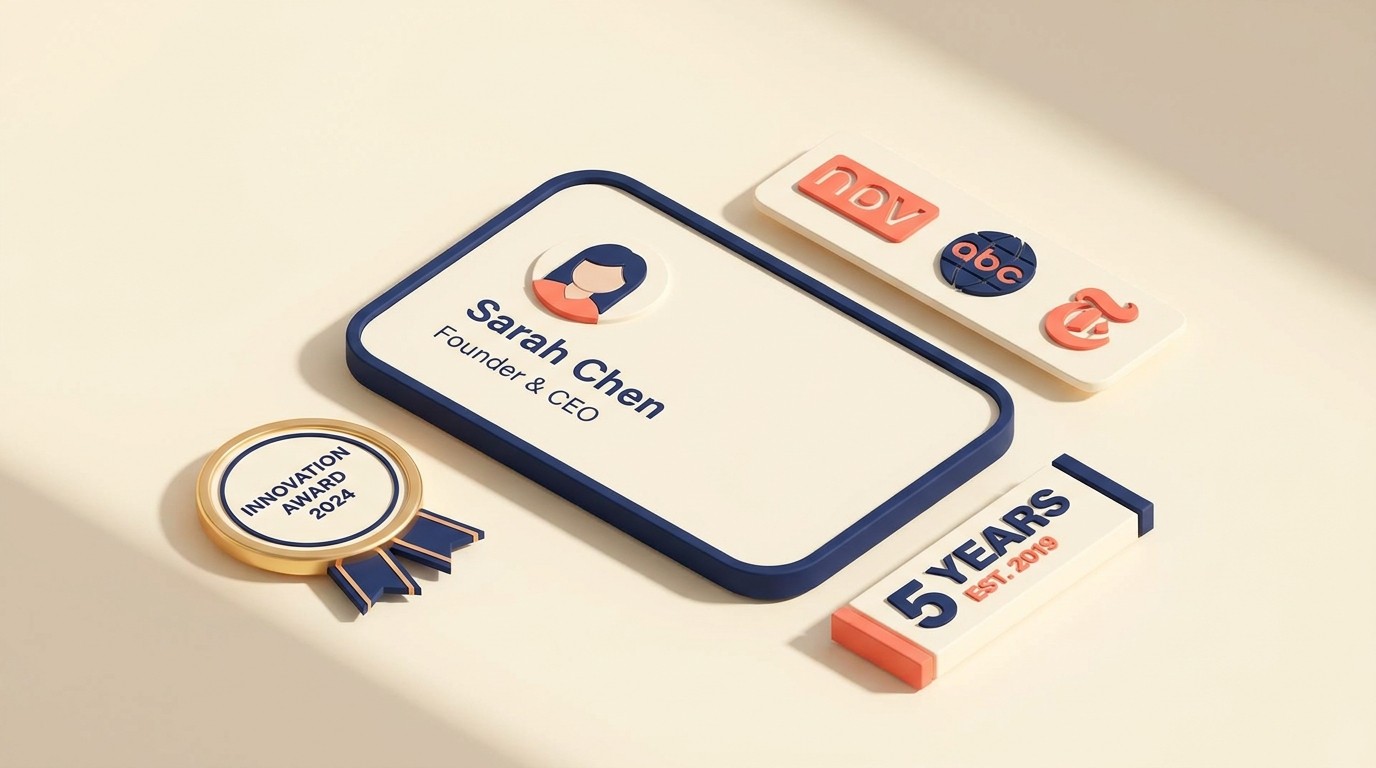 Founder profile, team credentials, years-in-business badge, and mission statement building brand authority and trust
