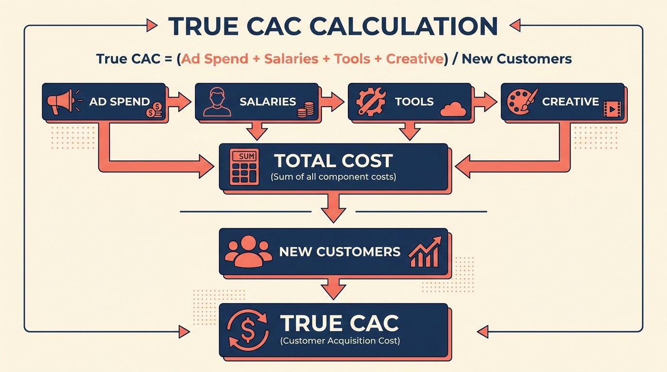 Full CAC formula breakdown showing marketing spend, salaries, tools, and creative production divided by new customers
