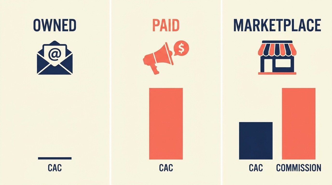Comparison of owned, paid, and marketplace acquisition channel economics and margin profiles