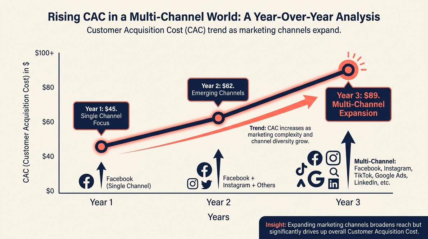 Rising CAC trajectory across three years as channels saturate and competition intensifies