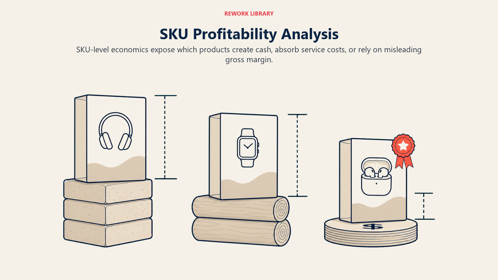 SKU Profitability Analysis shown as three SKU profitability pedestals in a Rework Library editorial illustration