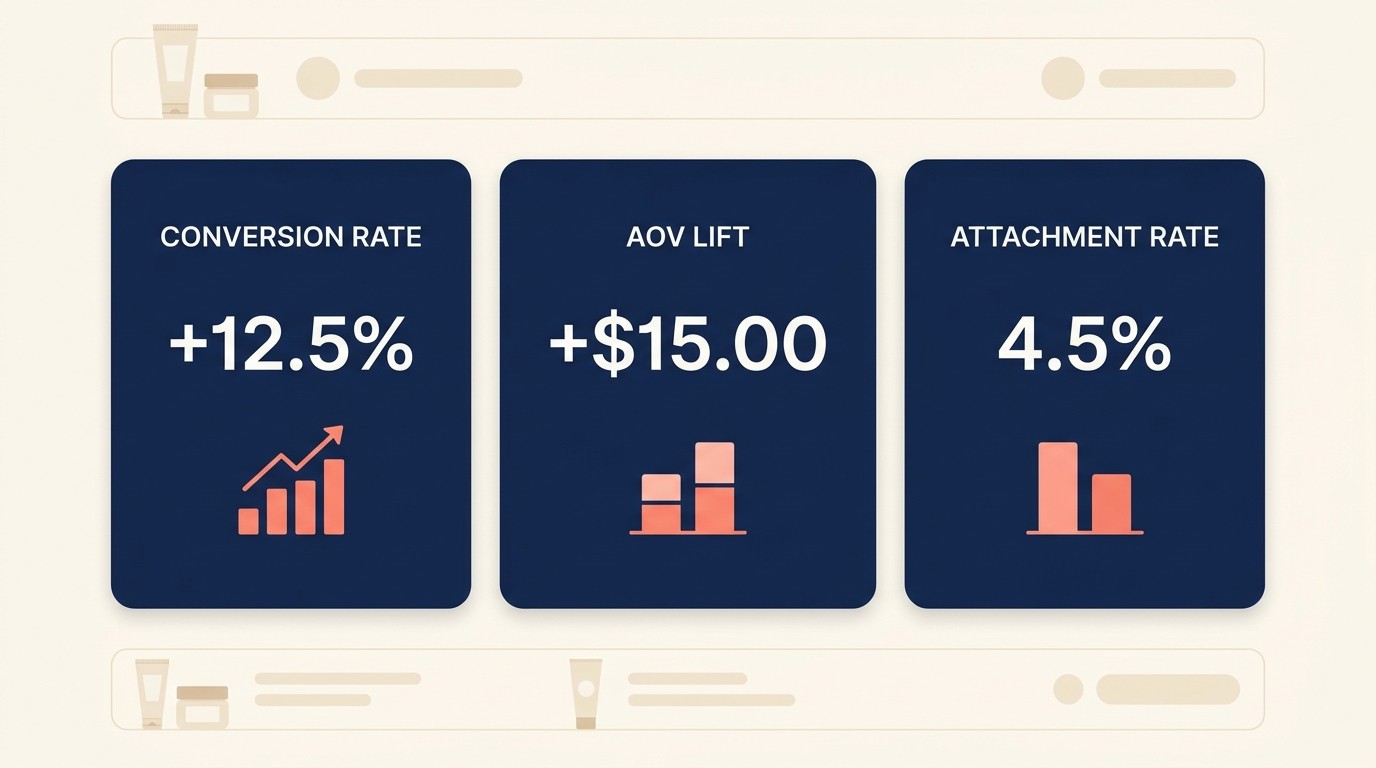 Performance metrics dashboard tracking upsell conversion rate, AOV lift, attachment rate, and incremental revenue